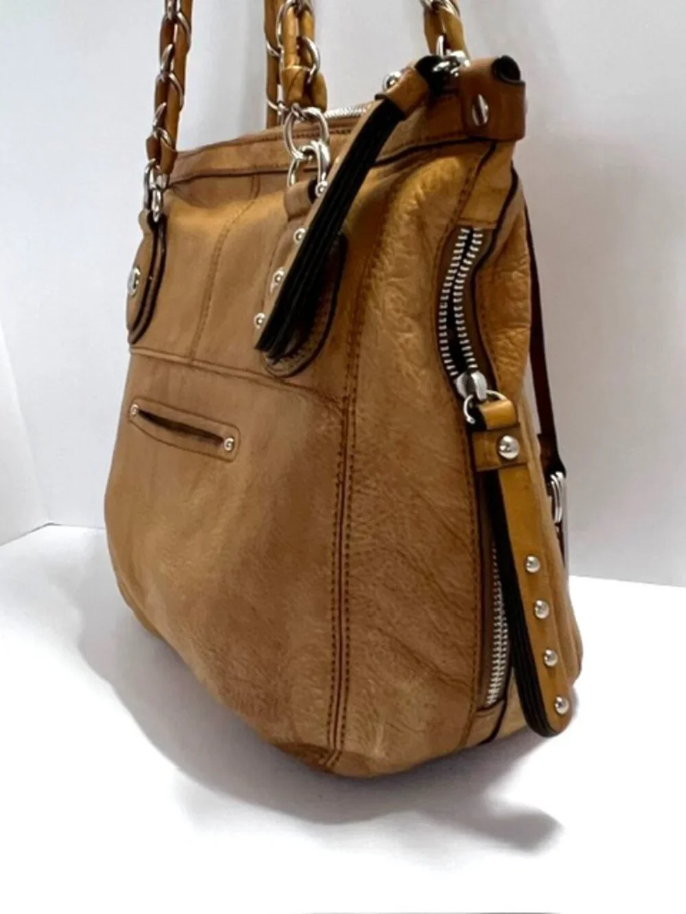 B. Makowsky Leather Hobo Shoulder Bag Chain Strap Multi Zip Pockets Camel w/CoA - Picture 6 of 16